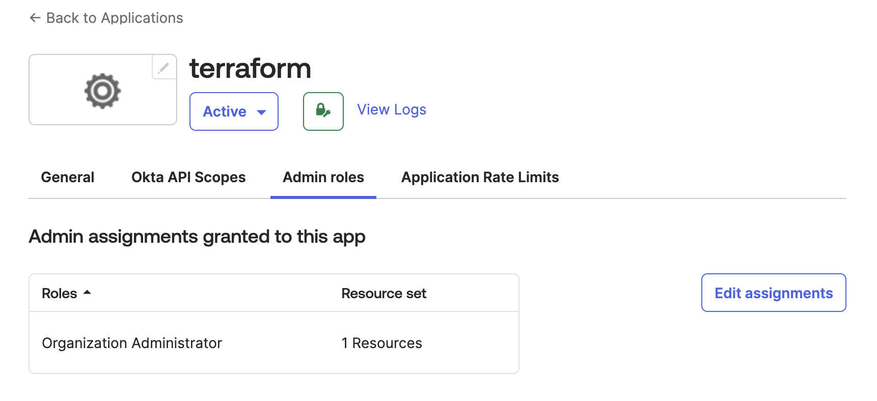 Image showing role assignment page for Okta API services app with Organization Adminstrator role assigned