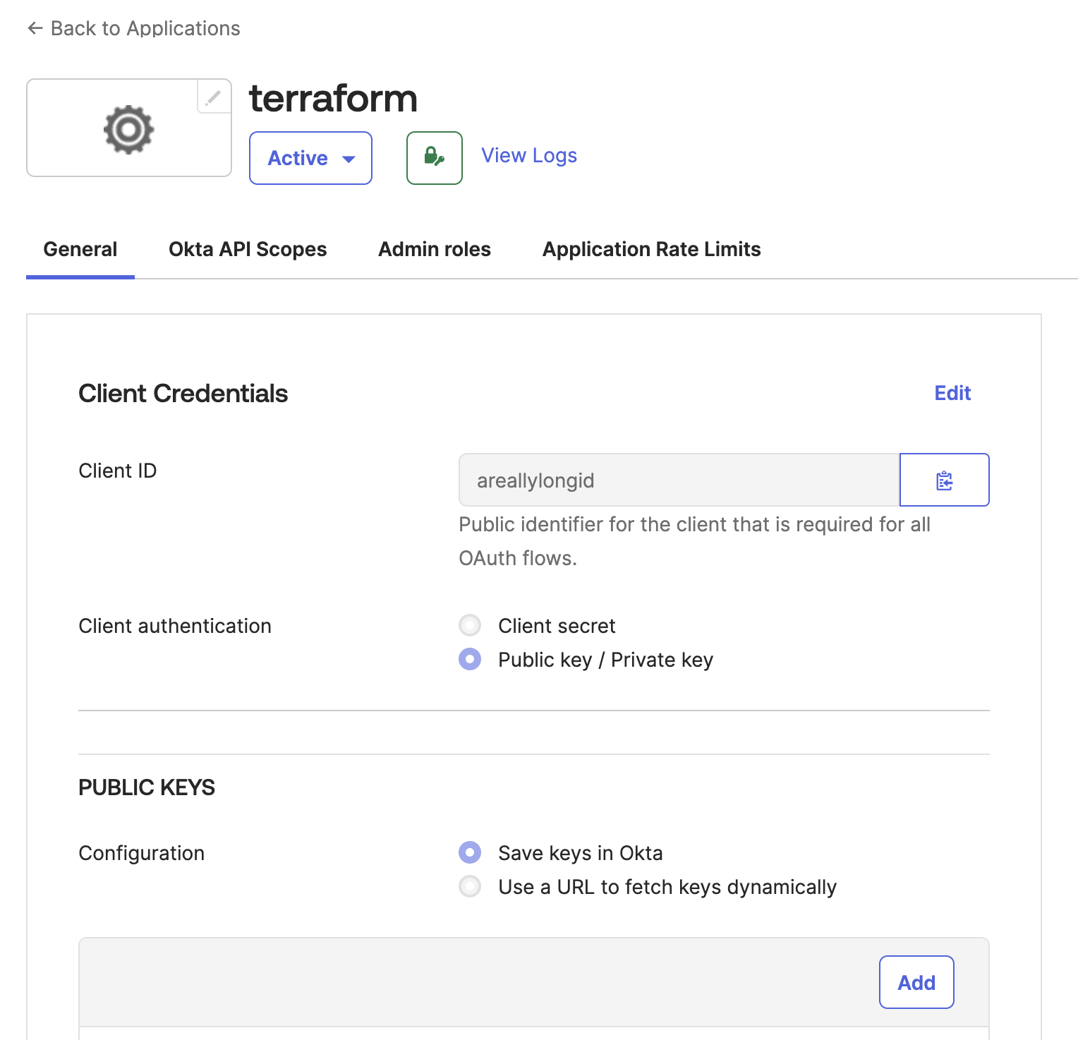 Image showing Okta UI for creating credentials for an API services app